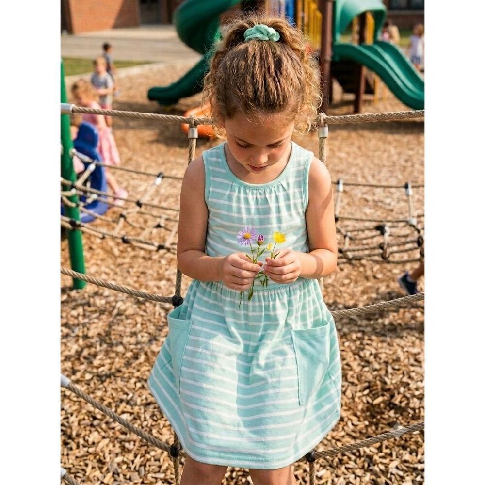 Hanna Andersson Girls 6/7 (120) Sleeveless Striped Mint Green Dress